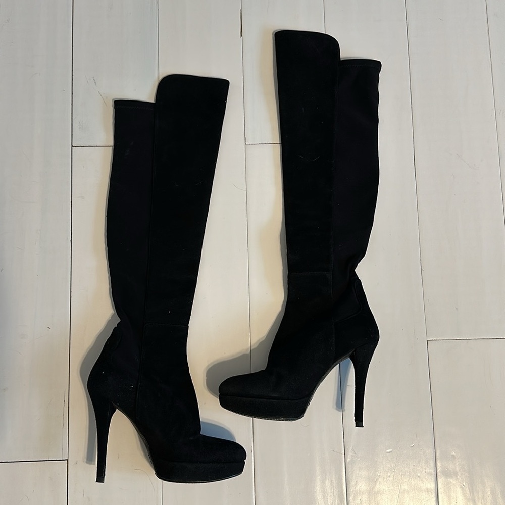 Stuart Weitzman Tall Black Suede Heeled Boots